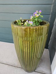 2ft Tall Green Glazed Pottery Planter With Flowers