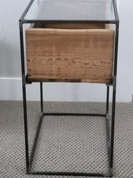 Glass Top Metal End Table With Wooden Drawer.