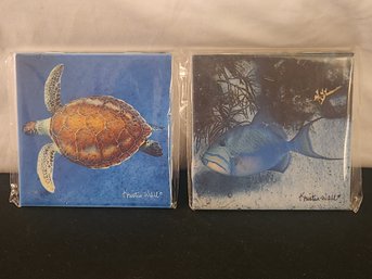 Sea Turtle And Queen Triggerfish 4.5in X 4.5in Tile