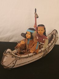 2 Indian Native American Girls Rowing A Canoe Figurine Gray Soft Leather Canoe