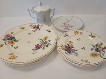 Floral Design Plates And Sugar Bowl