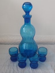 Vintage Turquoise Hand-Blown Hourglass Shaped Glass Decanter 4 With Matched Shot Glasses- 3 Pieces