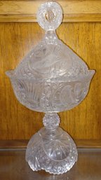 HOFBAUER GERMAN 24 Crystal Compote/Candy Dish Lidded Birds Engraved Fine Piece