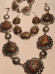 3pc Unakite Stone In Silver Tone Necklace & 2 Bracelets