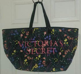 Victoria's Secret Black Floral Canvas Roomy Weekender Beach Tote Bag