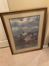 Framed Church Village Oil Painting