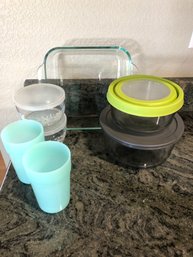 Glass Storage Lot W Plastic Cups 7pc