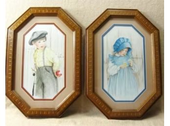 Kathleen Casey Vintage 80's Boy And Girl Framed, Matted & Signed Prints, Vintage Wall Decor