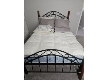 Full Size Metal And Wood Bed Frame With Bedding And Mattress