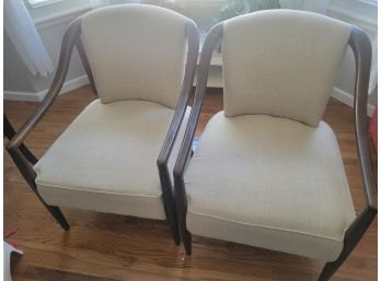 2 Linen And Wood Arm Chairs