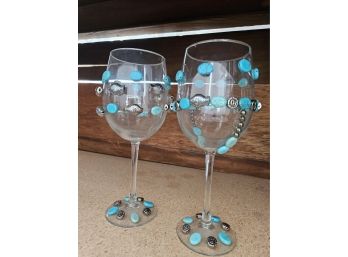 2 Turquoise And Silver Fish Wine Glasses