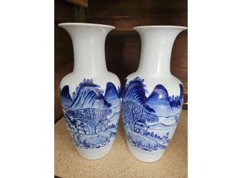 Two 12' Blue And White Vintage Asian Vases From Thailand