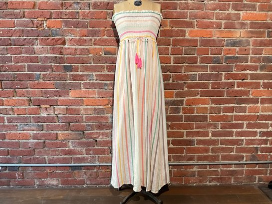 178 Pilya Multi-Colored Striped White Cinched Strapless Dress