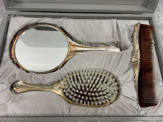 234 Vintage Towle Silver Plated Vanity Hair Set, Brush, Comb, And Handheld Mirror