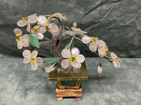 085 Bonsai Tree Rose Quartz Cherry Blossoms In A Brass And Jade Paneled Box