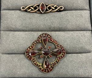 071 Lot Of 2 Vintage Red Garnet Sterling Silver, Brooches/Pins