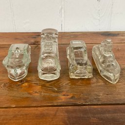 #150RC Lot Of 4 Vintage Clear Glass Car Shaped Candy Jars, Containers