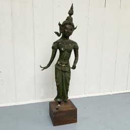 #47F  Vintage Thai Bronze THEPHANOM  Figure Of A Dancer Supported On A Wood Cube Plinth