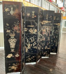 065 Large Antique Lacquered Chinese Hand Painted And Hand Carved Folding Screen