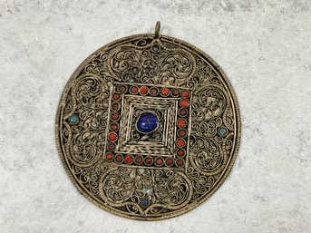 067 Vintage Tibetan Filigree Coral, Lapis Lazuli, And Turquoise Circle Necklace Pendant