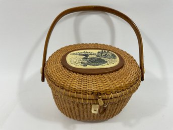 195 Farnum Nantucket Woven Basket Ship Motif Handbag