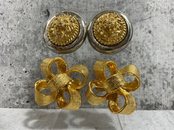 072 Lot Of 2 Vintage Costume Jewelry Earrings, Kenneth Jay Lane Bow Clip Ons, Unsigned Anne Klein Clip Ons
