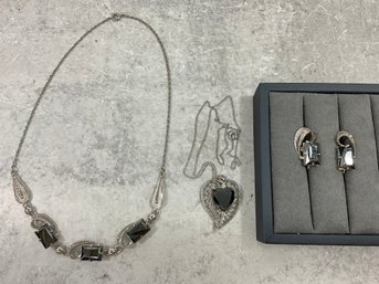 083 Set Of 3 Vintage Sorrento Sterling Silver Hematite Jewelry, Two Necklaces, Pair Of Clip On Earrings