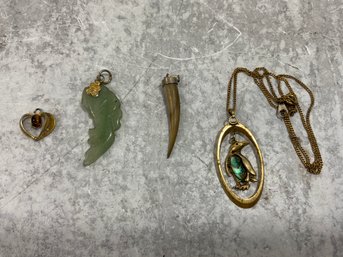 085 Lot Of 4 Vintage Necklace Pendants Heart Tigerseye, Abalone Carved Shell Tooth, Jade Fish, Abalone Penguin