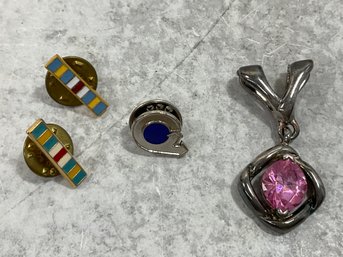 087 Lot Of 4 Vintage Pins And Pendant, Sterling Pink Labradorite Pendant, Two Joint Meritorious Unit Award