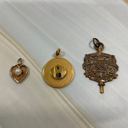 011 Lot Of Three Gold Tone And 10k GF Necklace Pendants, Pearl Heart, Balfour School Graduation Honor Award