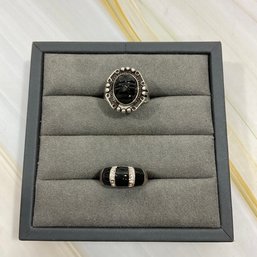 012 Lot Of Two Sterling And Silver Tone Black Onyx Ring