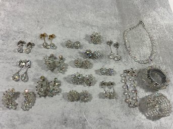 089 Lot Of 19 Cut Crystal Iridescent Beaded Jewelry, 3 Bracelets, 1 Brooch, 1 Necklace, 14 Earrings
