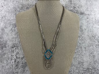 091 Vintage Sterling Liquid Silver Turquoise Multi-Strand Necklace
