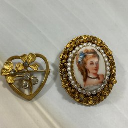 028 Lot Of Two Gold Tone Pearl And Rhinestone Brooch Pins, Limoge Porcelain, Heart Pin