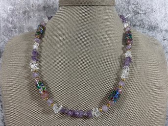 096 Vintage Purple And Clear Quartz Handmade Beaded Gold Tone Necklace