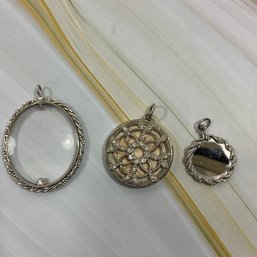 025 Lot Of Three Silver Tone Necklace Pendants, Elco Sterling Mirror, Magnifying Glass, 'things Remembered'