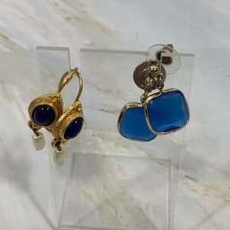 022 Lot Of Two Blue Gem Gold Tone Dangle Earrings