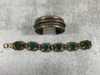 102 Lot Of 2 Vintage Sterling Silver Bracelets, Egyptian Braided Cuff, Mexico Silver Green Onyx