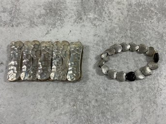 105 Lot Of 2 Vintage Silver Tone Bracelets, Thick Bangle, Heart Bracelet W/ Black Onyx