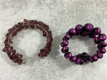 107 Lot Of 2 Purple Cuff Bracelets, Purple Quartz Beads, Metallic Purple Beads