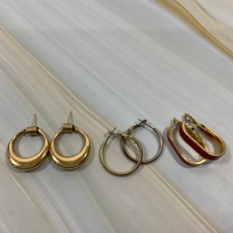 035 Lot Of Three Gold Tone Hoop Earrings, Monet Red Ovals