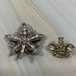 033 Lot Of Two Rhinestone Brooch Pins, Crown Trifari Snowflake, Crown