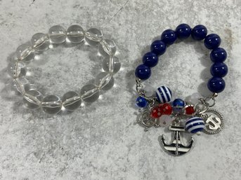 110 Lot Of 2 Vintage Clear And Navy Blue Beaded Bracelets, Nautical Anchor Charms