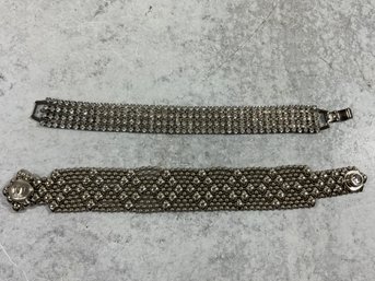 111 Lot Of 2 Vintage Silver Tone Bracelets, Rhinestone Bracelet, Liquid Metal Button Clasp Bracelet