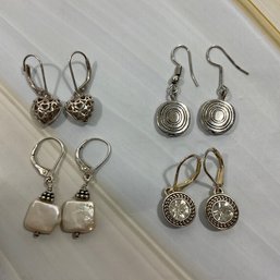 031 Lot Of Four Sterling And Silver Tone Dangle Earrings, Napar Rhinestone, Square Pearls, Hearts, And Circles
