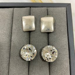 030 Lot Of Two Silver Tone Stud Earrings, Rhinestone, Silver Squares