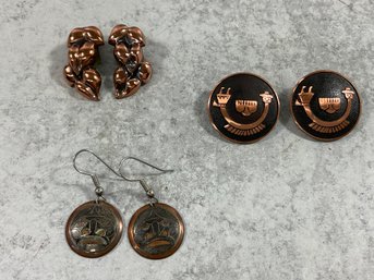 114 Lot Of 3 Copper Earrings, Native American Copper/Sterling, Native American Solid Copper, Renoir Earrings