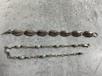 116 Lot Of 2 Sterling Silver Bracelets, Denmark Sterling Leaf Bracelet, Pearl And Green Beaded Chain Bracelet