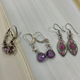 042 Lot Of Three Purple Sterling And Silver Tone Dangle Earrings, Amethyst Gemstones