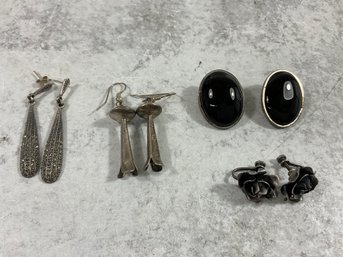 118 Lot Of 4 Vintage Sterling Silver Earrings, Black Onyx, Rhinestone Teardrop, Rose Twist Ons, Navajo Dangles